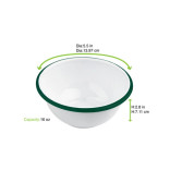 Enamel reusable deep bowl white w/green rim 16oz D:5.5in H:2.8in - 12 pcs Enamel reusable deep bowl white w/green rim 16oz D:5.5in H:2.8in - 12 pcs